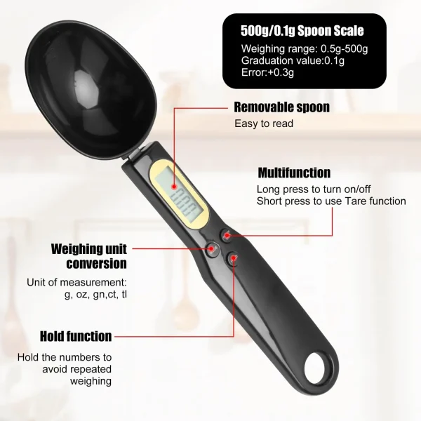 ميزان مطبخ إلكتروني 500 جرام بدقة 0.1 جرام مع شاشة LCD رقمية لقياس الطعام والدقيق، ميزان رقمي على شكل ملعقة، أداة مطبخ صغيرة لقياس الحليب والقهوة